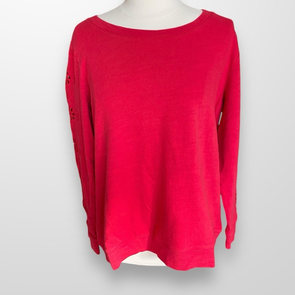 Talbots Plus Woman's Size 1X Shirt Top Sweatshirt Red Eyelet Sleeves Scoop Neck‎